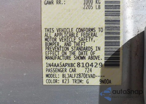 2011 Nissan Maxima 3.5 Sv z USA, uszkodzony, nr VIN 1N4AA5APXBC810429